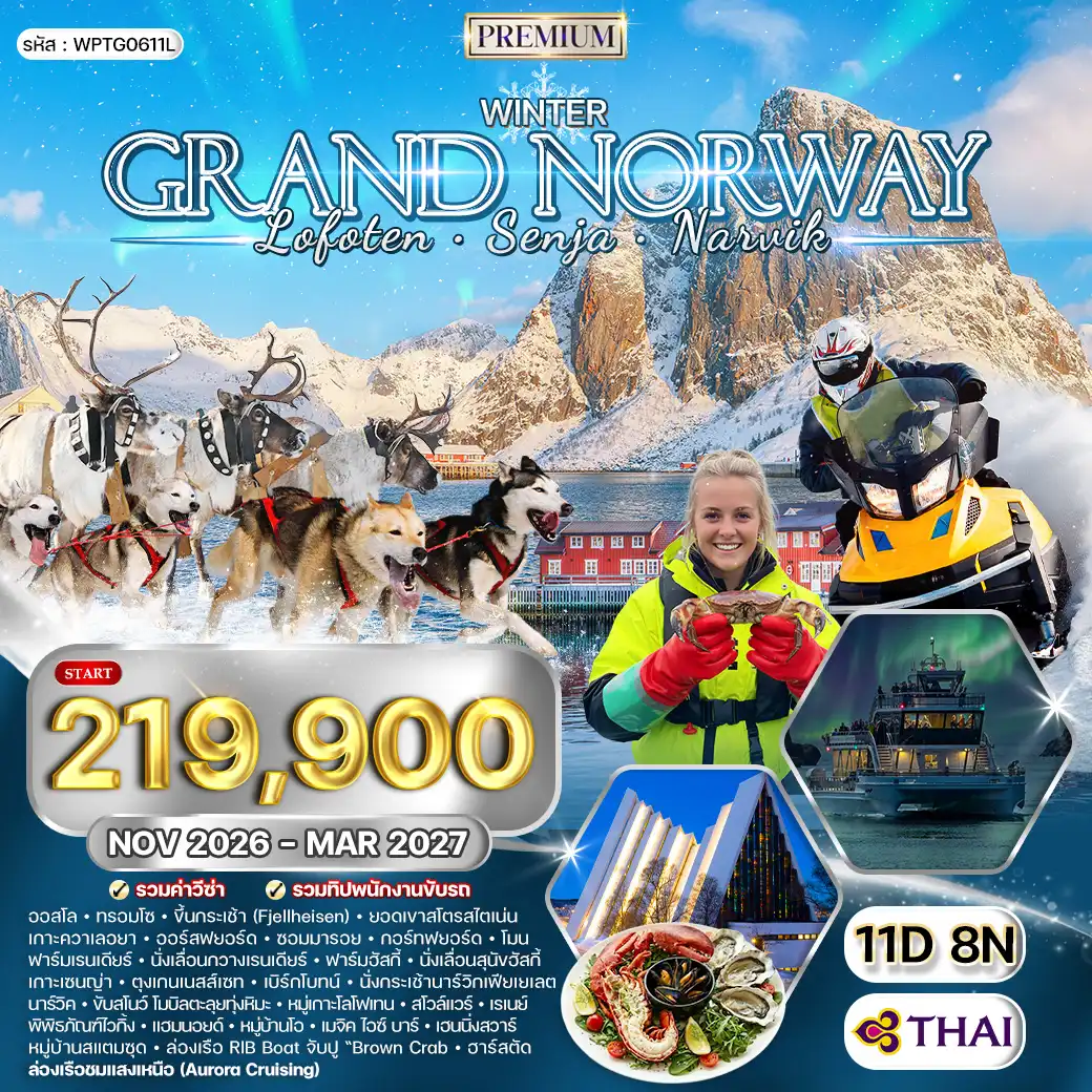 ทัวร์พรีเมี่ยมแกรนด์นอร์เวย์ Lofoten Senja Narvik 11 วัน (TG) NOV 26-MAR 27